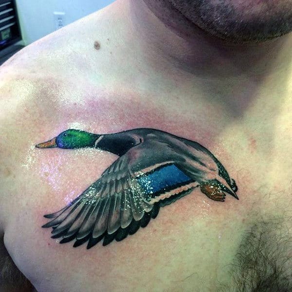 Beautiful Fresh Shaded Flying Duck Tattoo On Guys Chest.