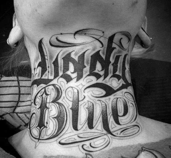 Beautiful Lettering Tattoo Male Neck