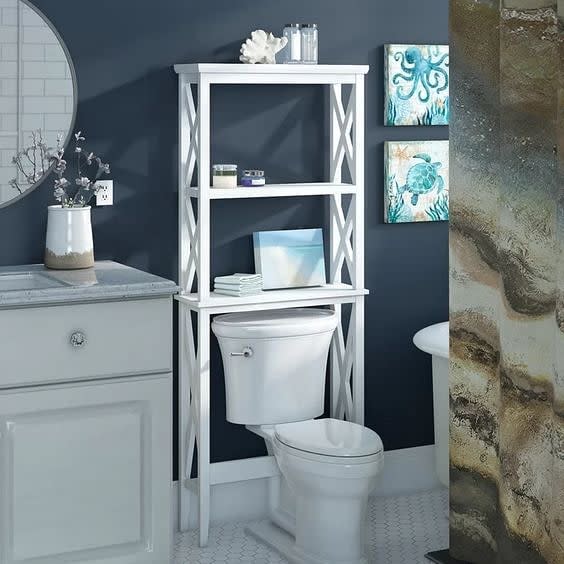 blue wall white shelving white toilet