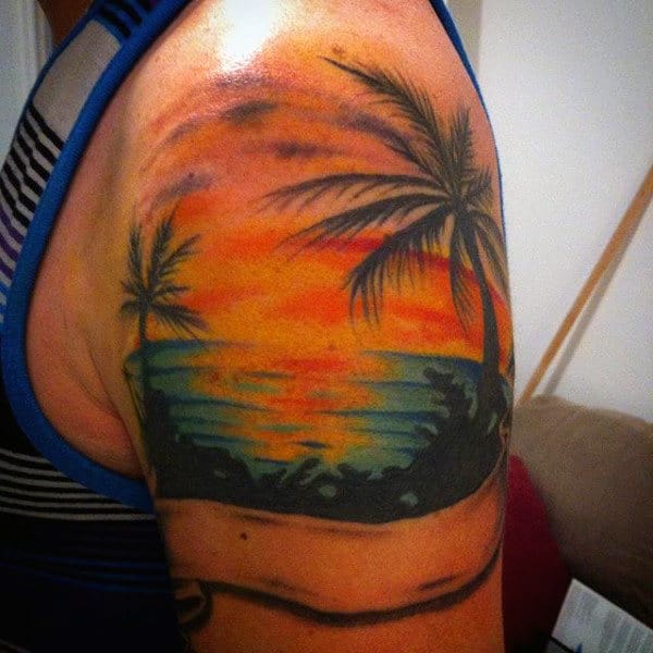 Beautiful Palm Tree Sunset Tattoo On Shoulder For Men