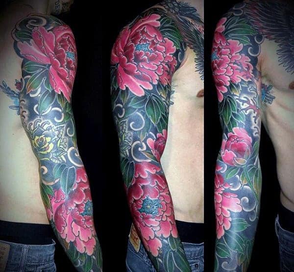 beautiful-pink-florals-japanese-sleeve-tattoo-for-men