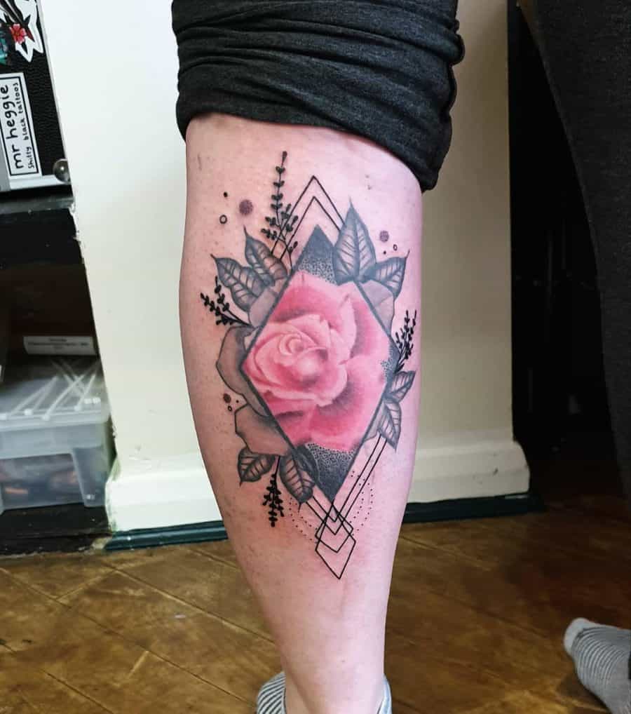 Beautiful Pink Rose Framed Diamond Shapes With Flowers Calf Delicate Geometric Tattoo