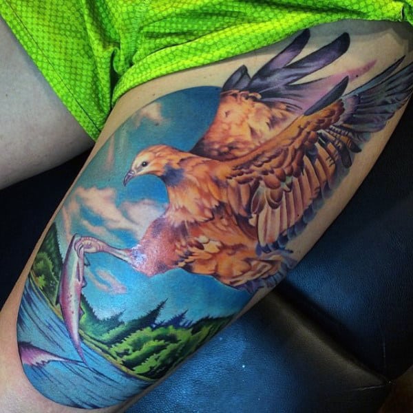 Beautiful Realistic Hawk Fishing Tattoo For Guys On Leg