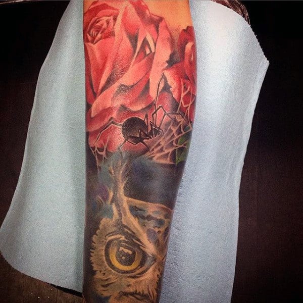 Beautiful Rose And Spider Tattoo For Men On Legs