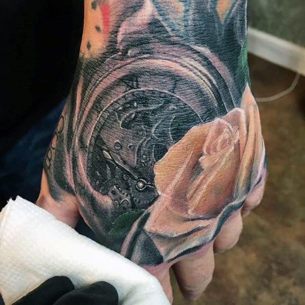 Beautiful Sunset Rose And Pocket Watch Tattoo On Hands Males