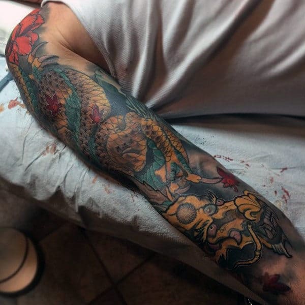 Beautiful Tattoo Of Dragon And Flower Male Sleeves