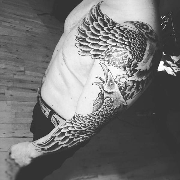 Beautiful Winged Grey Raven Tattoo Mens Sleeves And Shoulders