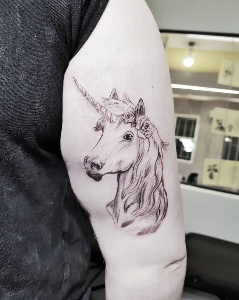Beautifully Drawn Lightmane Neg Space Face Fine Line Delicate Unicorn Tattoo