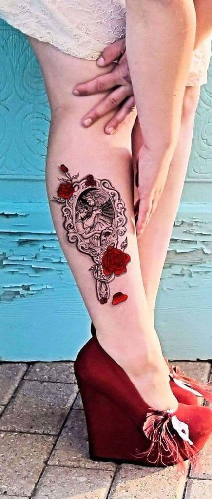 Beauty And The Beast Mirror Rose Calf Leg Tattoo