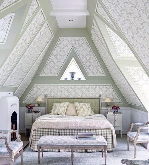 attic bedroom abstract wallpaper fireplace