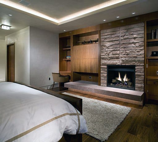 built-in wooden storage fireplace 