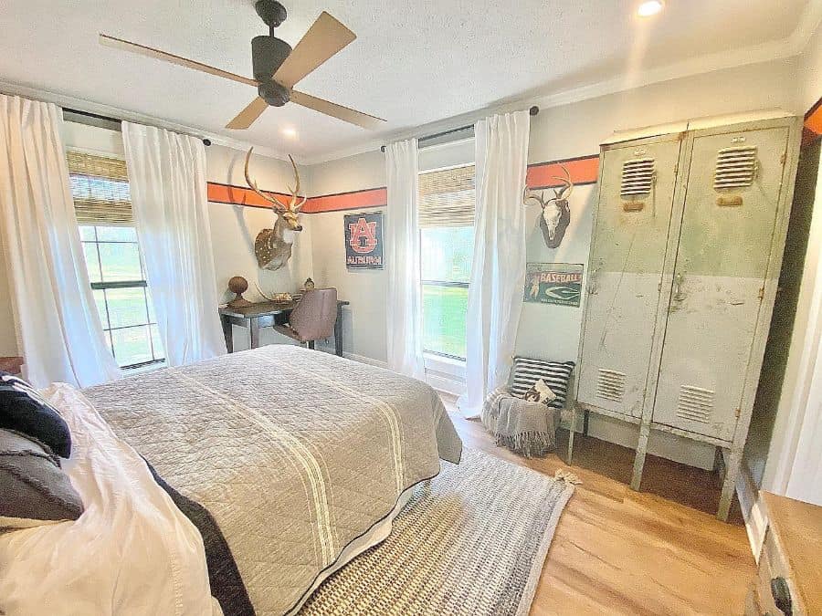 rustic bedroom with vintage locker storage cabinet 