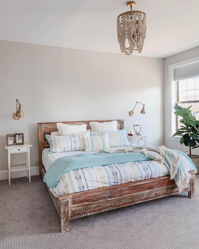 rustic wood bed frame in farmhouse style bedroom 
