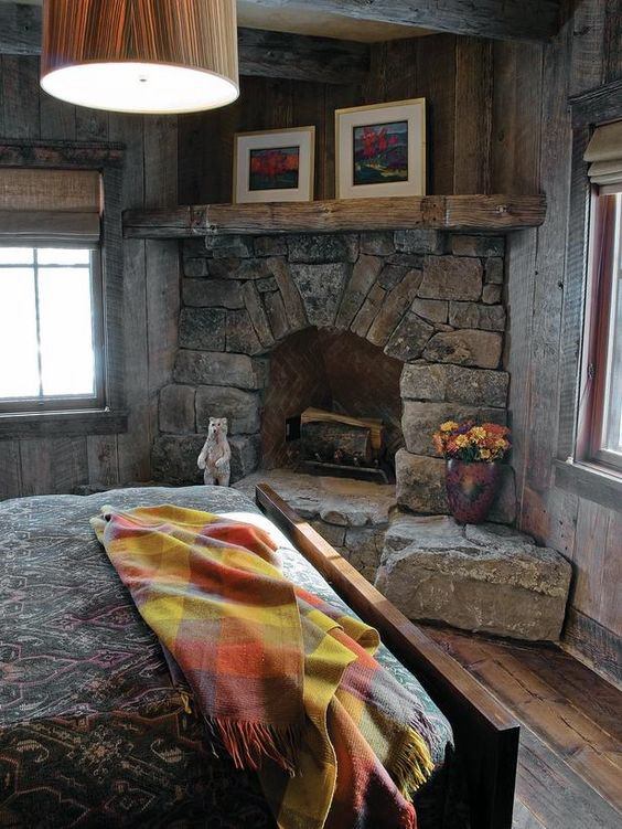 Bedroom River Rock Corner Fireplace Design