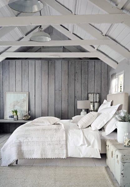 white-washed attic bedroom