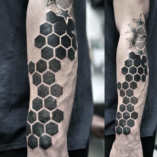 Bee Hive And Stars Dotwork Tattoo Male Forearms