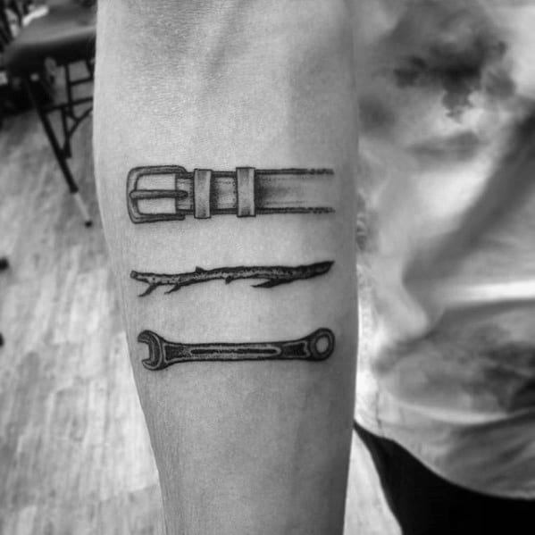 Belt With Stick And Wrench Awesome Simple Manly Inner Forearm Tattoo