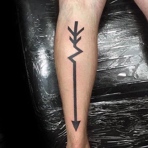 Bended Arroow Minimalist Mens Leg Tattoo