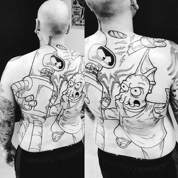 Bender Rodriguez And Doctor Zoidberg Mens Black Ink Outline Back Tattoos