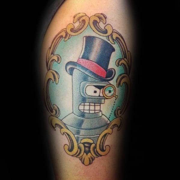 Bender With Monocole In Picture Frame Ornate Mens Upper Arm Tattoos