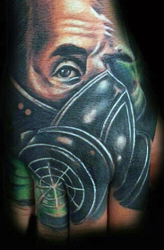 Benjamin Frankling Gas Mask Mens Tattoo On Hands