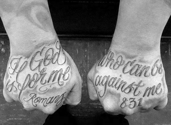Bible Verses Tattoo On Mans Hands Romans 8 31