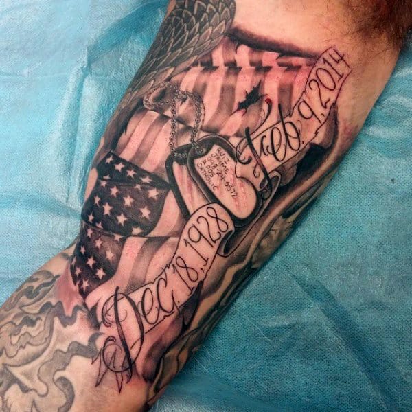 Bicep Dog Tag Tattoos For Males With American Flag