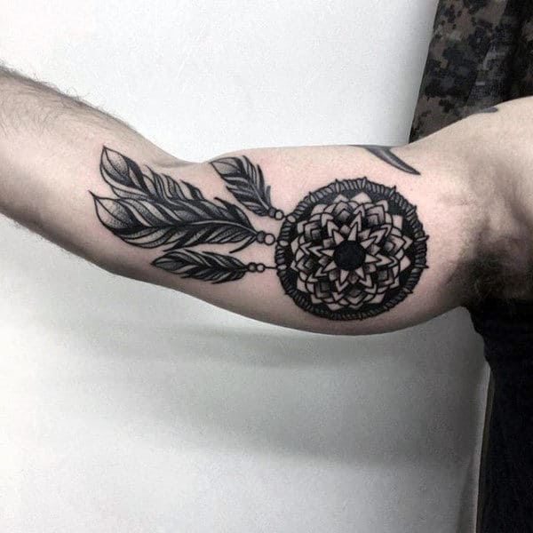 Bicep Dreamcatcher Traditional Black Ink Male Tattoos
