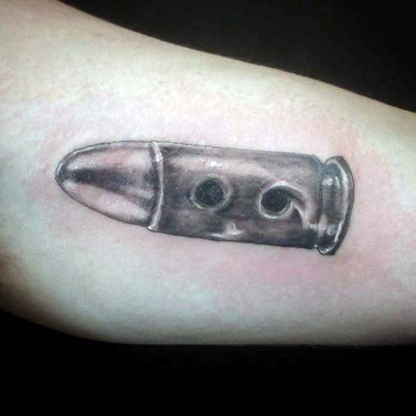 Bicep Guys Tattoo With Semi Colon On Bullet Design