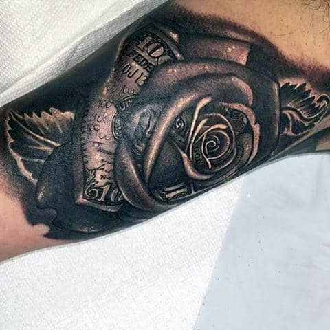 Bicep Male Money Rose Flower Tattoo