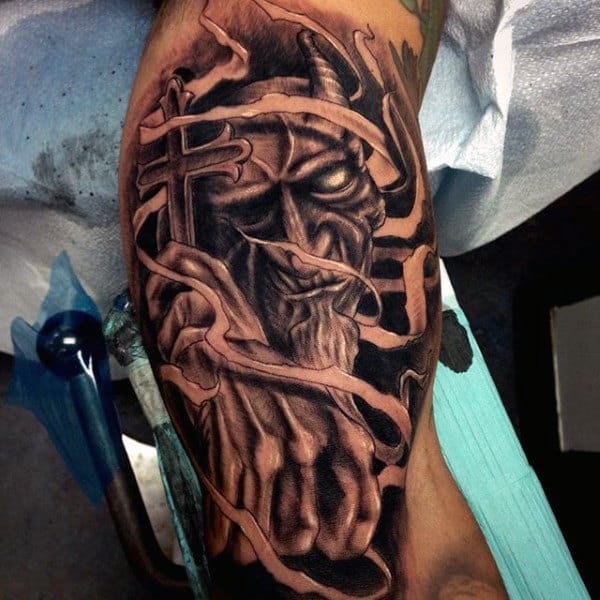 Bicep Mens Demon Cross Tattoo In Black Ink