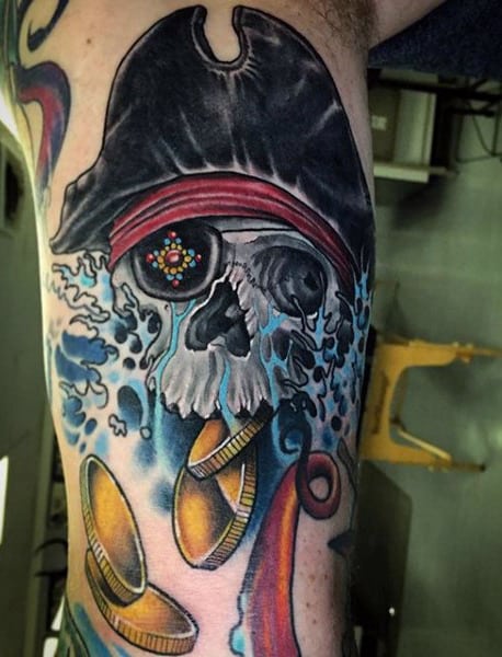 Bicep Pirate Themed Tattoo For Guys
