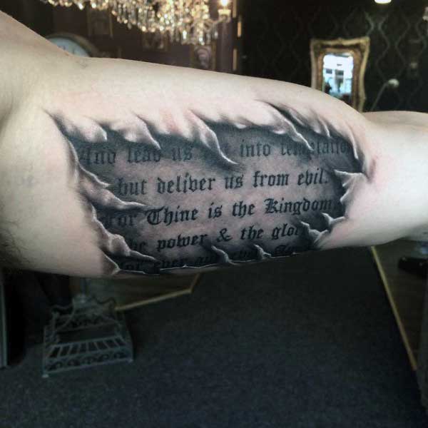 Bicep Religous Quote Rip Skin Tattoos For Men