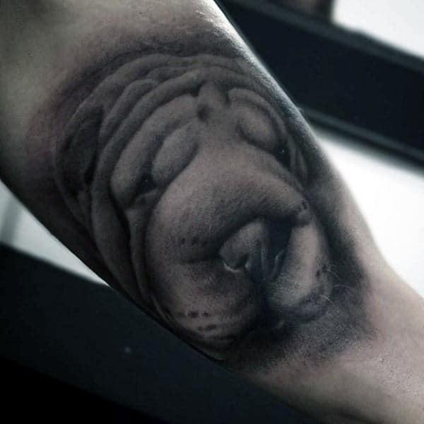 Bicep Shar Pei Dog Tattoo Design Ideas For Guys Shaded