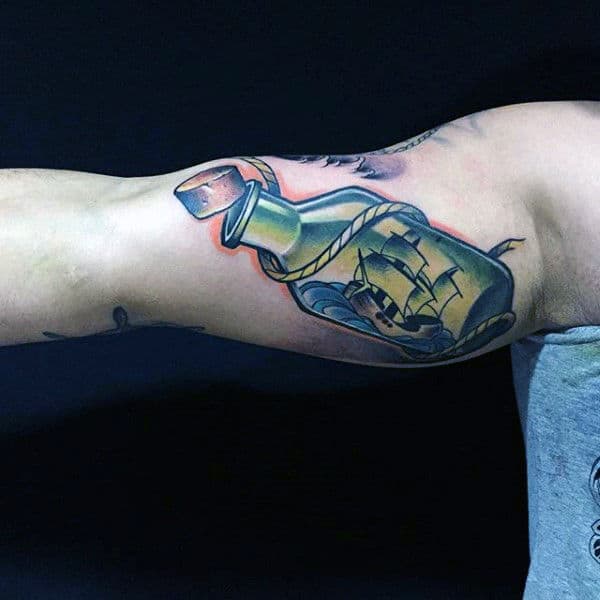 Bicep Ship In A Bottle 3d New School Guys Tattoo