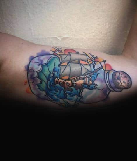 Bicep Ship In A Bottle Tattoo Mens