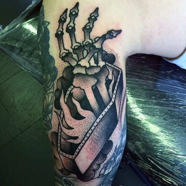 Bicep Skeleton Hands Coffin Male Tattoo