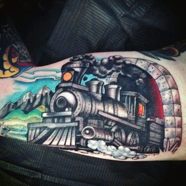 Bicep Steam Locomotive Tattoo For Men