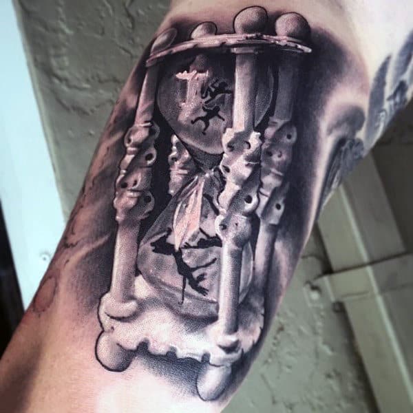 Bicep Tattoo Of People Falling Inside Hourglass For Men