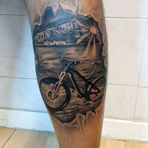 Bicycle At Beautiful Lake Tattoo On Legs For Men