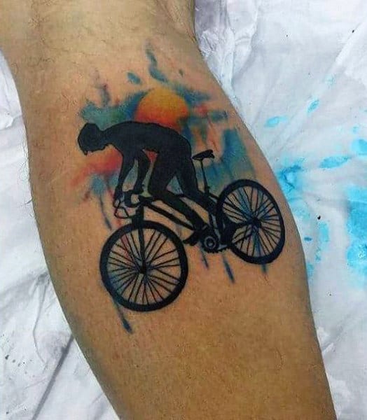 Bicycle Chase Tattoo On Legs For Men