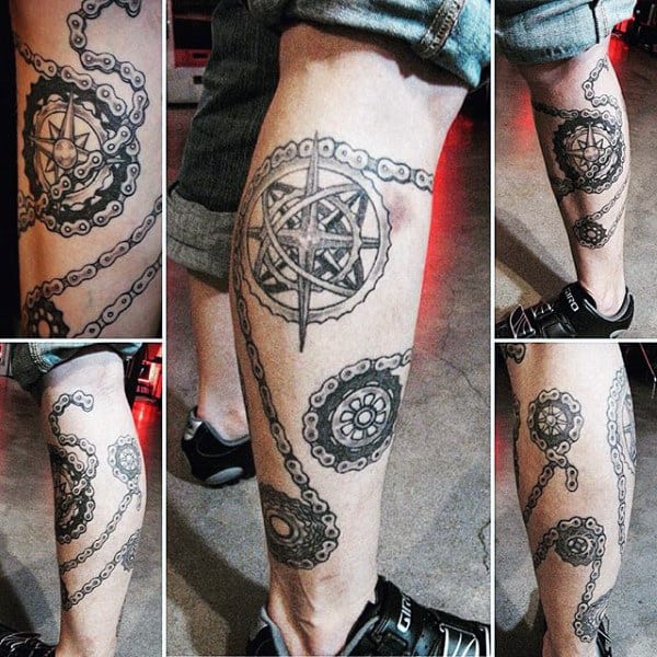 Bicycle Crankset And Chain Tattoo On Legs Men