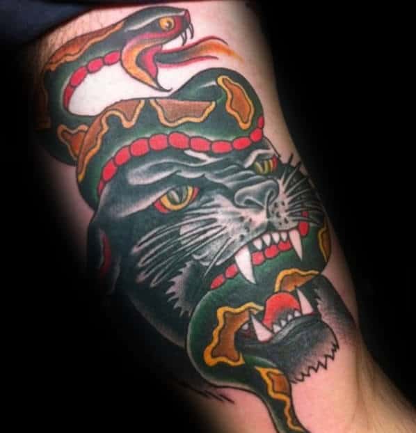 Big Cat With Snake Mens Traditional Arm Tattoos