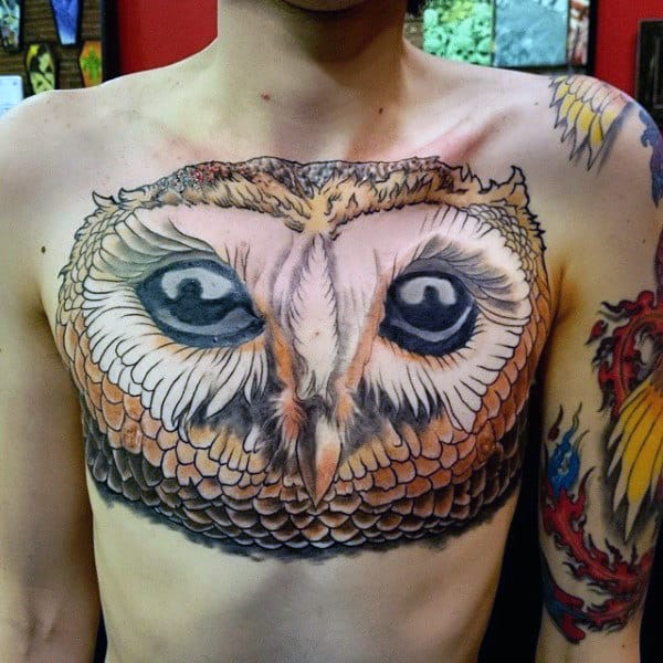 Big Eyed Mens Barn Owl Chest Tattoo Design Ideas