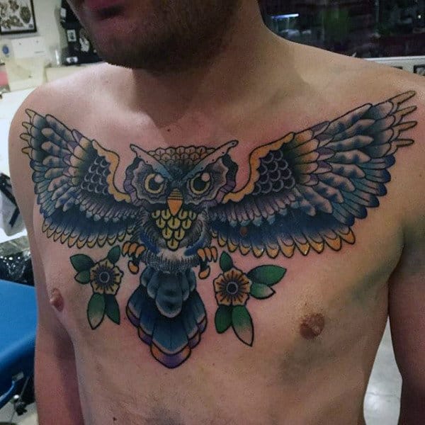 Big Eyed Owl Male Traditional Chest Tattoos