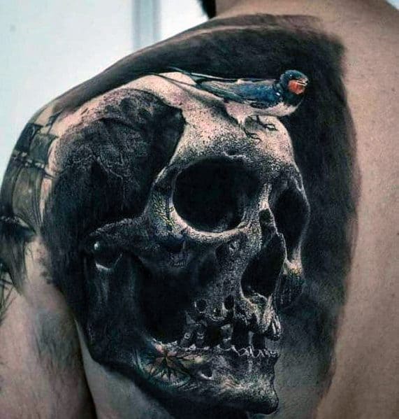 Big Mens 3d Realistic Skull With Bird Half Back Tattoo