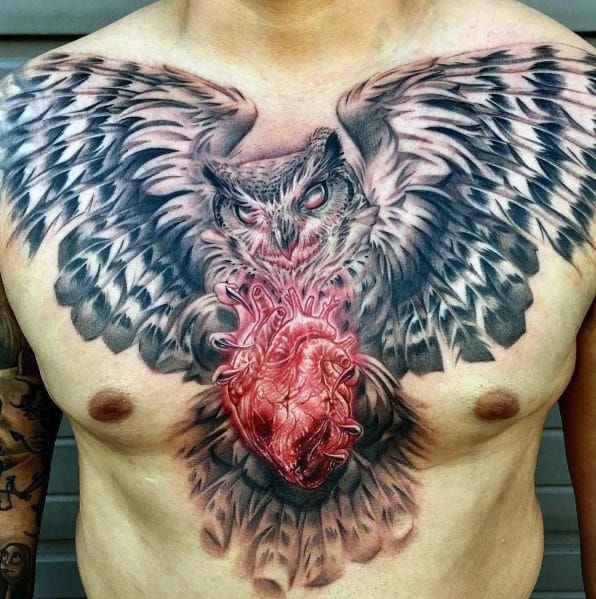 Big Tattoos For Gentlemen Owl Flying With Heart 3d Chest Design