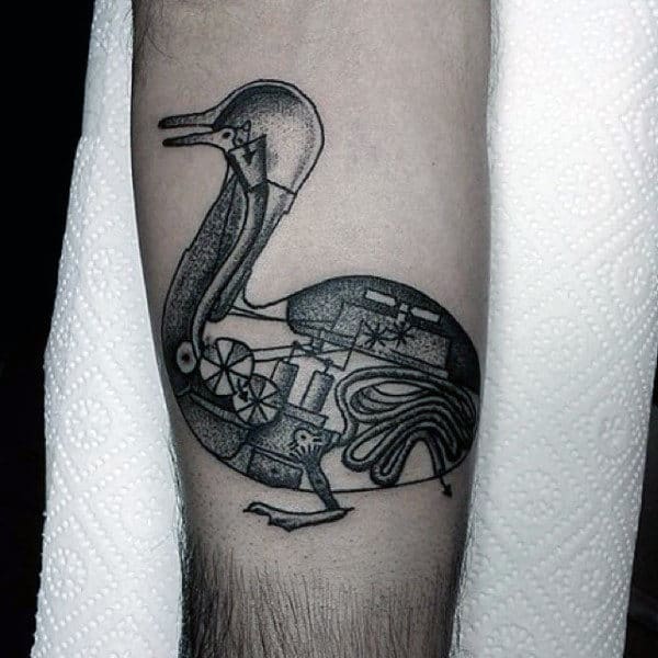 Bio Mechanical Duck Blakc And White Unique Tattoo On Man