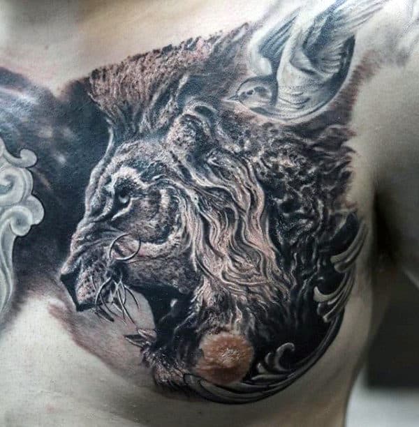 Black Men Lion Chest Tattoo - tattoo design