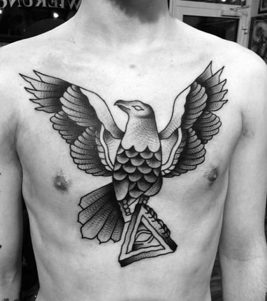 Bird Flying With Eye Of Providence Guys Chest Tattoo